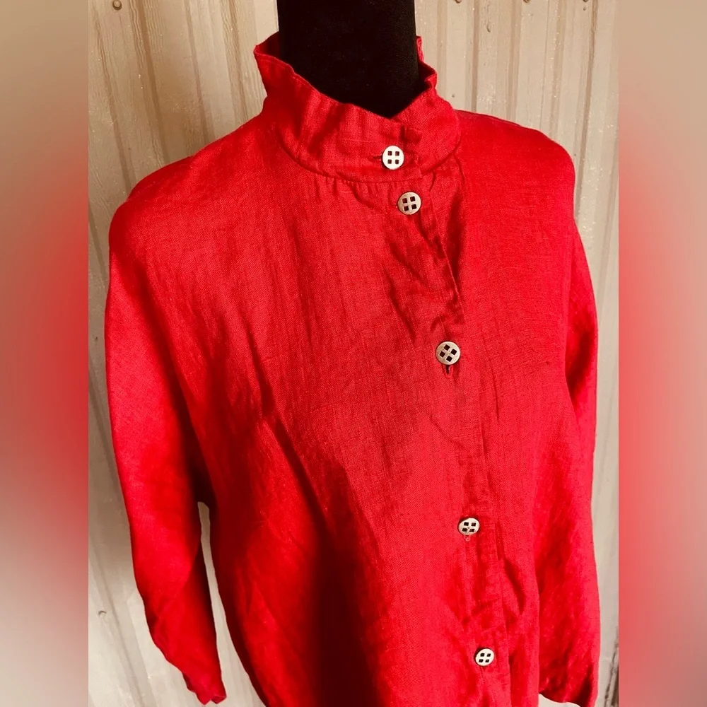 Itemz Chris Baumgartner 100% Linen Top Lagenlook Red Crop Dolman Slv USA OS FLAW - Picture 1 of 16